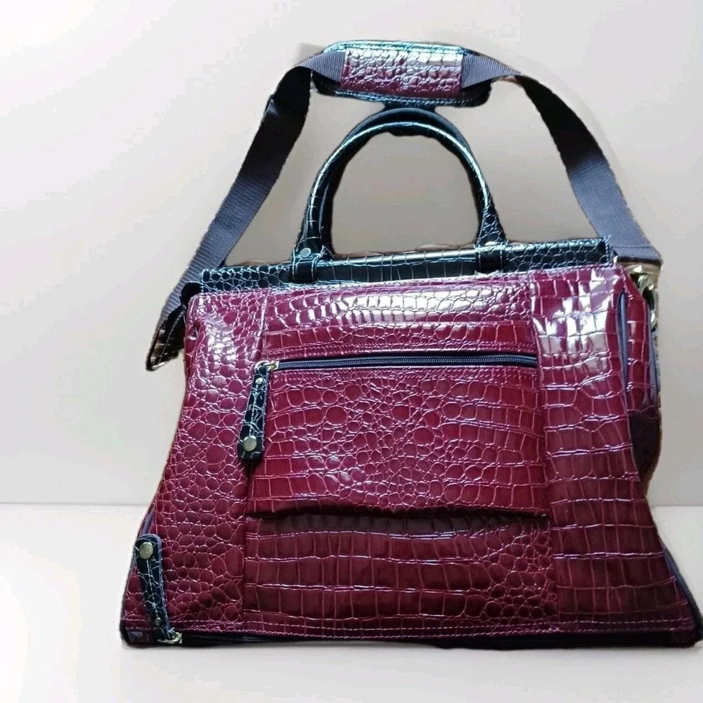 Samantha Brown Burgundy Black Croco Embossed Satchel Travel Bag Shoe Compartment